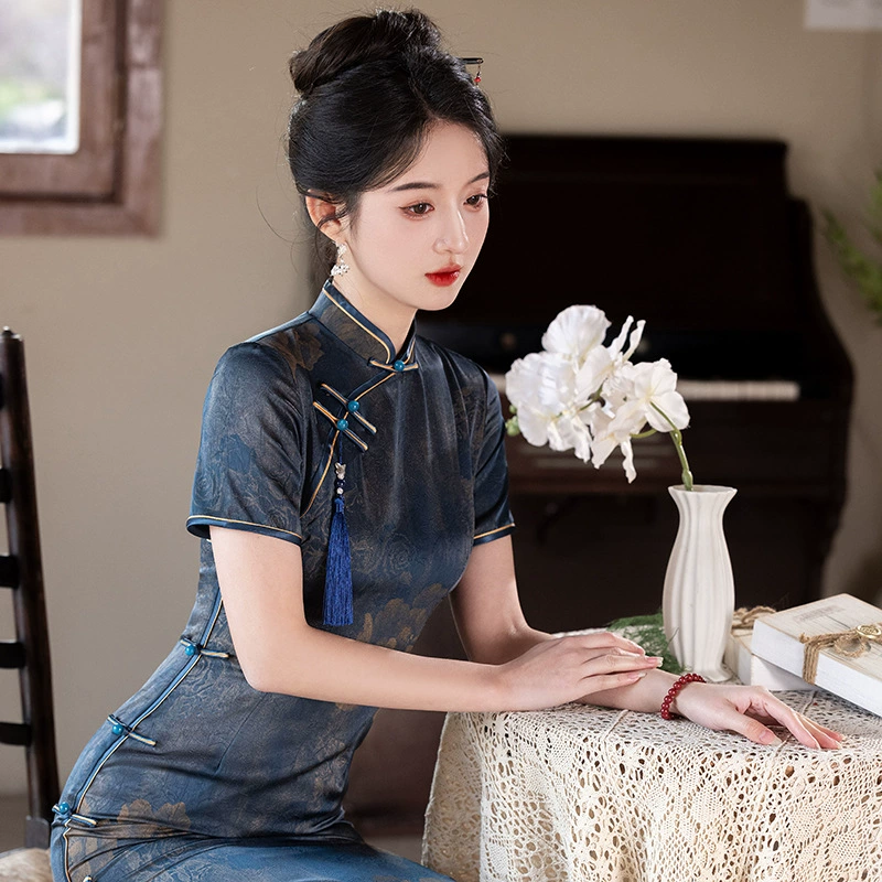 2025 весна новый улучшенный женский темперамент простой элегантный винтажный чонсам ретро китайский стиль длинный чонсам