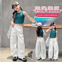 夏季女童套装2024款时尚女孩韩系中大童洋气爵士舞背心破洞裤套装