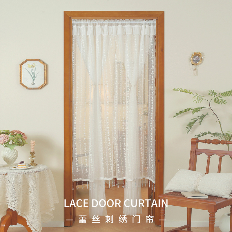 French-Style Romantic Double-Layer Lace Pear Blossom White Pattern Hand-Embroidered Partition Curtain with Crystal Beads, No-Drill Bedroom Door Curtain