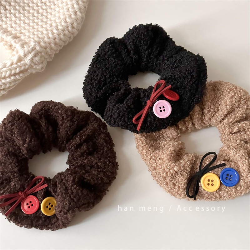 彩色纽扣羊羔毛大肠圈毛绒发圈秋冬温柔高弹发绳羊毛卷头绳发饰