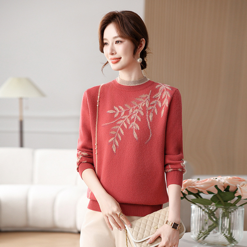 Mom's New Autumn and Winter Sweaters, Stylish Warm Tops, Fashionable Middle-Aged and Elderly Women's Inner Wear, Hot Diamond Knitted Bottoming Shirts