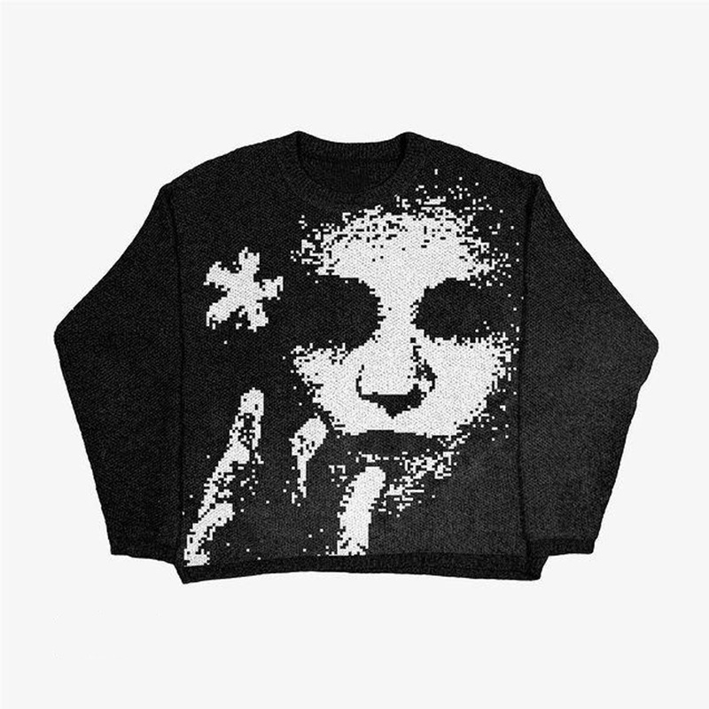 Men's Clothing trend jacquard round neck loose knit sweater couple dark series pullover sweater _voghion.com