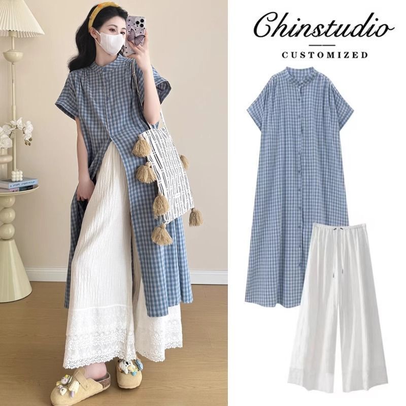 Maternity Summer Clothing 2026 New Summer Fashion Plaid Shirt Wide-Leg Pants Set Stylish Trendy Layered Dress Maternity Summer Clothing 2026 New Summer Fashion Plaid Shirt Wide-Leg Pants Set Stylish Trendy Layered Dress