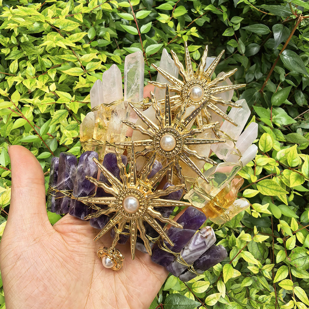 9 Natural Crystal Electroplated Ab Color Sun Goddess Pearl Pendant Crown Headband Halloween Headdress Bridal Hair