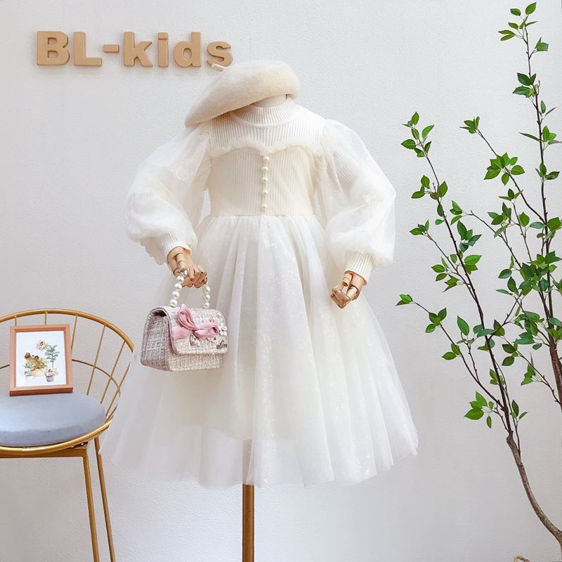 Vestido de princesa Coreana de las niñas 2023 otoño malla linterna manga costura estilo occidental de los niños vestido esponjoso de punto