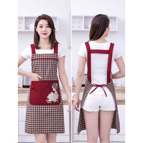 Korean style women's fashionable spun cotton apron for home kitchen cooking New style plaid breathable strap waist