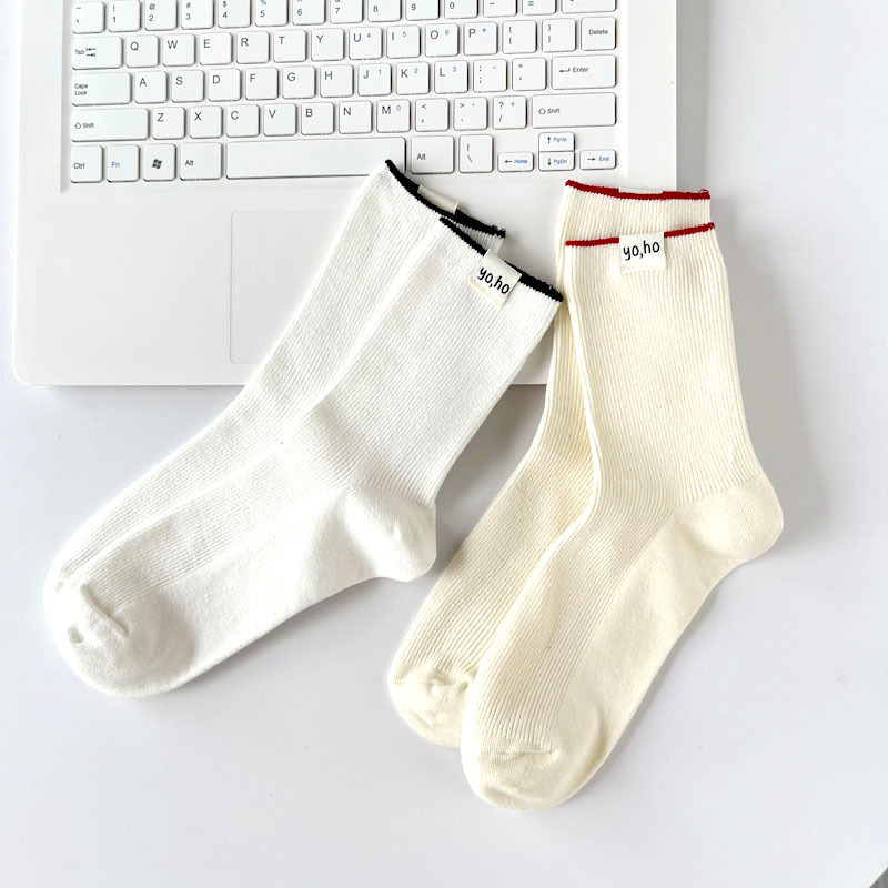 Dopamine tide cream colored children's spring and summer breathable middle tube pile fabric label women's socks, double_voghion.com