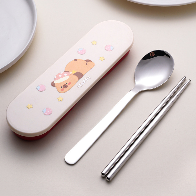 304 ステンレス鋼 DIY 便利な食器セット学生や子供のための屋外米付きかわいい漫画スプーンと箸 2 点セット|undefined