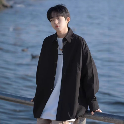 Black shirt, boys, summer, thin Japanese, solid color, long-sleeved shirt, high-end, fashionable, handsome coat, spring and autumn