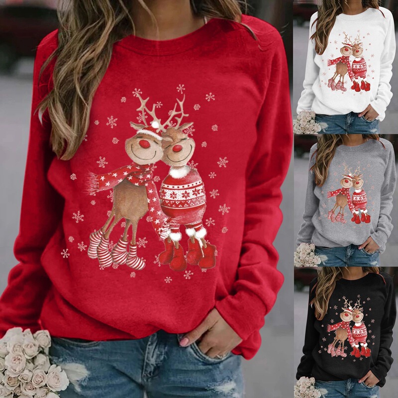 Amazon 2024 Autumn/Winter Plus Size Fleece-Lined Tops for Women, European and American Cross-Border Loose Slimming Christmas Print Sweatshirts for Women