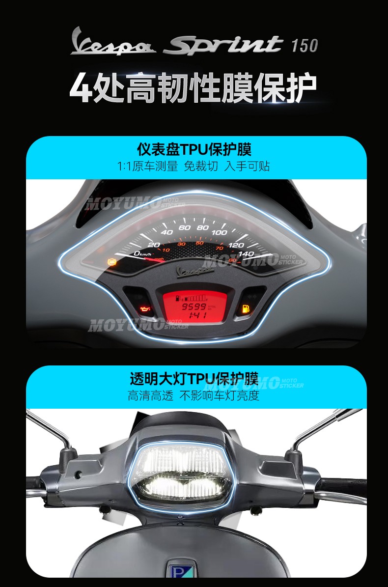 Suitable for Vespa Sprint, Sprint 150: instrument panel film, display screen film, headlight protective film, and modification accessories