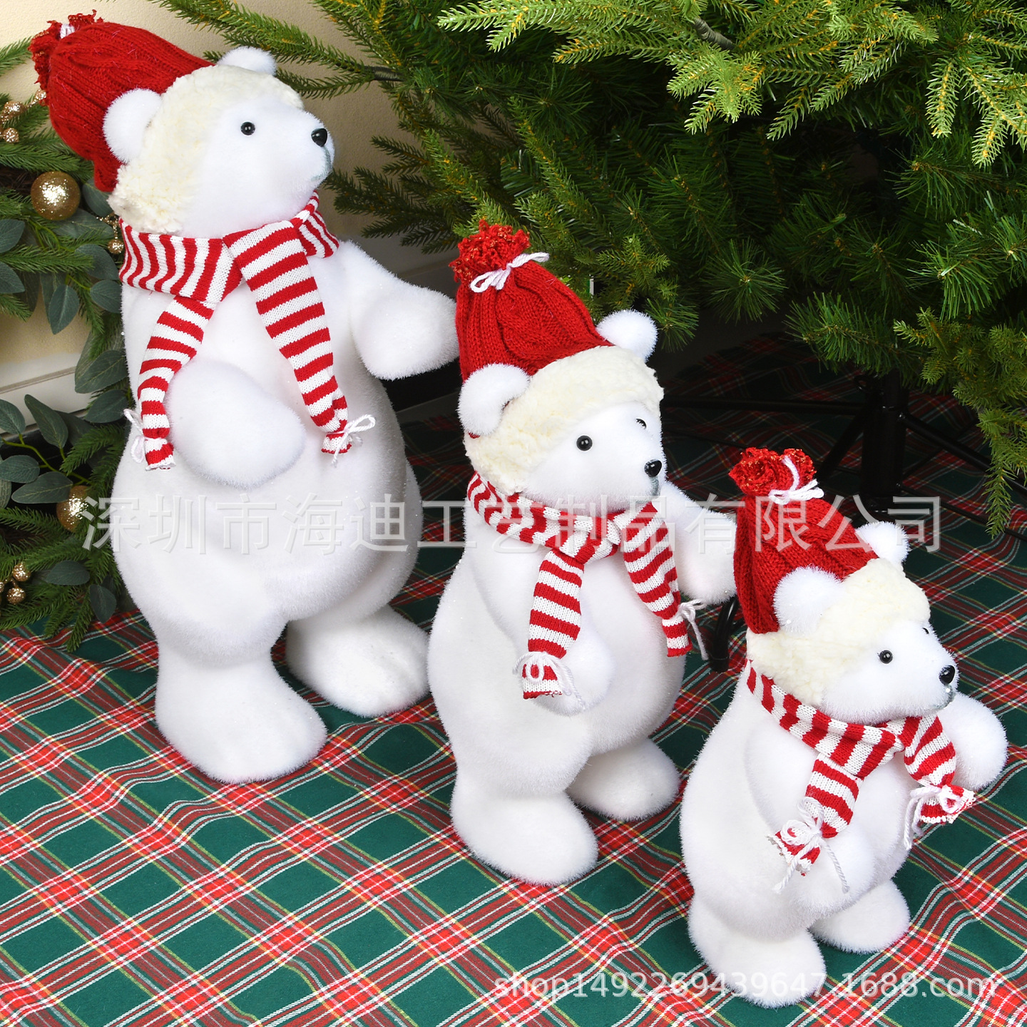 Decoraciones navideñas grandes y medianas pequeñas rojas y blancas flocado osos adornos de ventanas de exposición decoración osos adornos de bebé