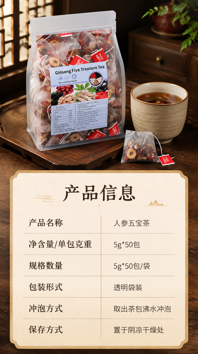 Wu Bao Tea Five Treasure Herbal Tea Bags with Ginseng Goji Mulberry Red Date Maca 250g 10 Individually Wrapped Sachets preparation