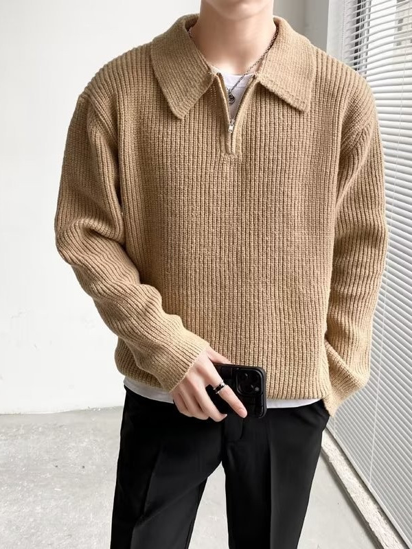 Corea chic otoño e invierno retro estilo perezoso cuello POLO hilo suelto casual suéter de punto de manga larga para hombre