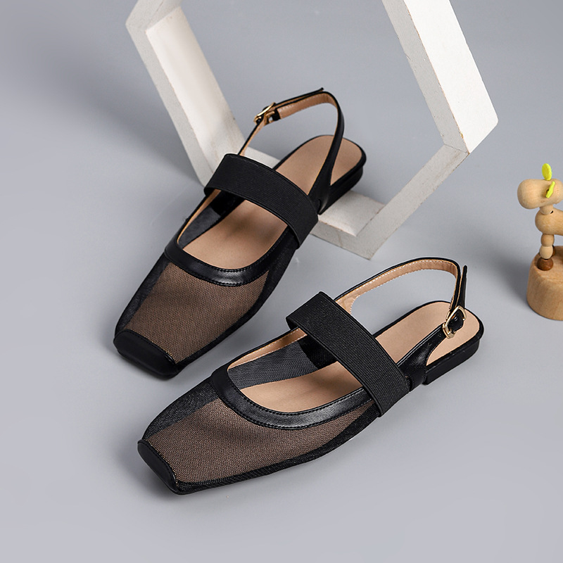 Cross-Border Wholesale Square-Toe Women's Shoes with Soft Soles, Hollow-Out Design, Closed-Toe Sandals, 2026 Model, Breathable Mesh Flat Shallow-Mouth Single Shoes for Women