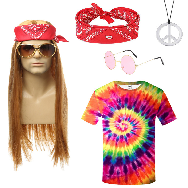 Amazon's Best-Selling European and American Men's Wig Cos Heavy Metal Rock 80S Hippie Necklace