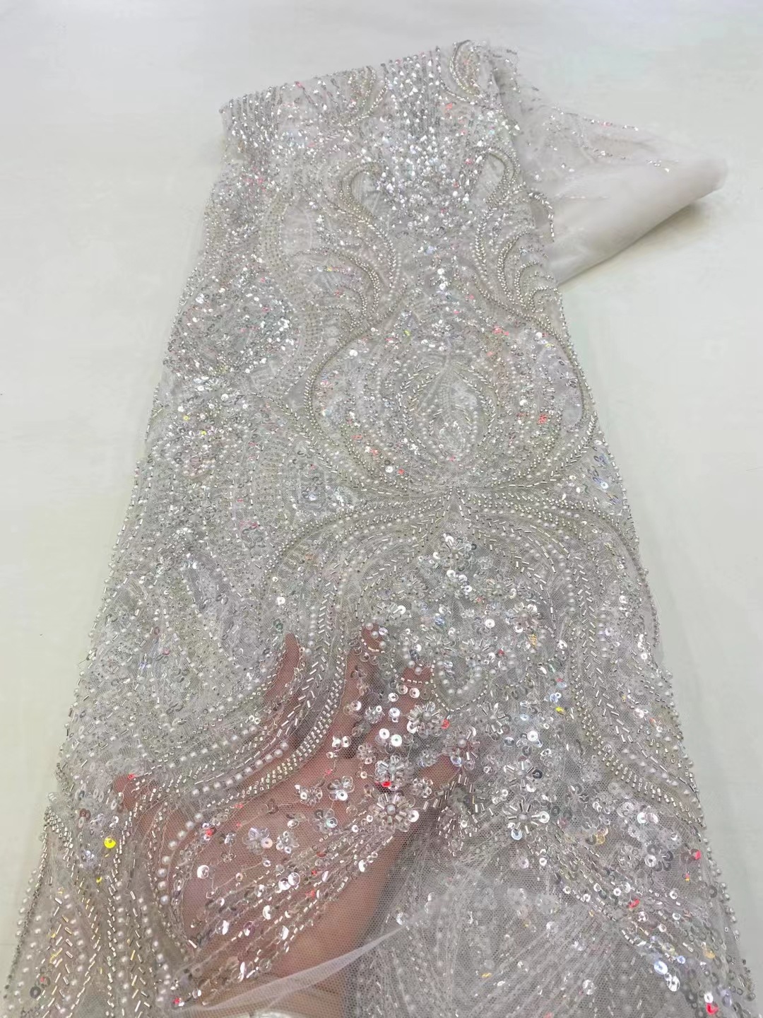 Grano de encaje stock suministro de malla cuentas tubo tela vestido de novia bordado encaje JX3088