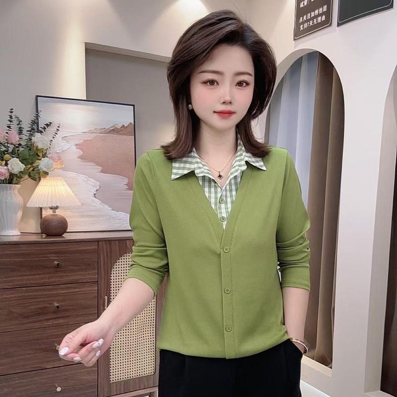 2025翻领减龄百搭春夏新款女装衬衫显瘦拼接格子领假两件女士上衣|undefined