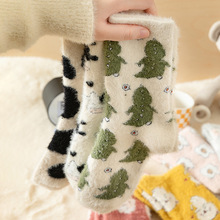 水貂绒袜子女冬季加绒加厚卡通地板袜保暖日系居家睡眠月子中筒袜