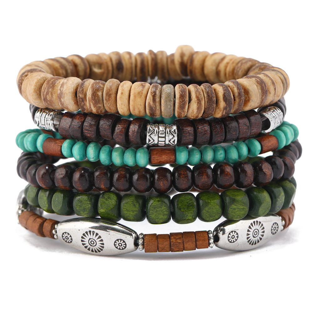 Bracciale multi-strato elastico con perline in legno e lega_voghion.com
