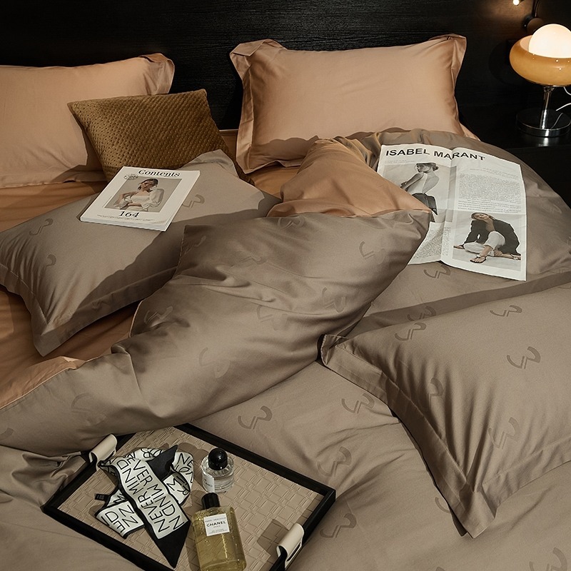 Luxury 100S Long Fiber Cotton All Cotton Four-Piece Set Nordic Style Solid Color Bed Sheet Bed Cover Embroidered Pure Cotton Quilt Bedding 