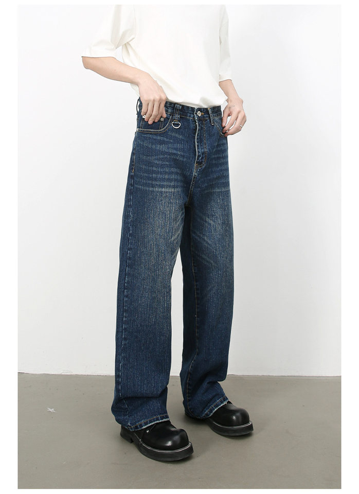 Quần jean nam ống rộng ống đứng phong cách Hàn, cạp vừa, denim cotton thoáng mát — Màu xanh lam, Đen xám chi tiết 17