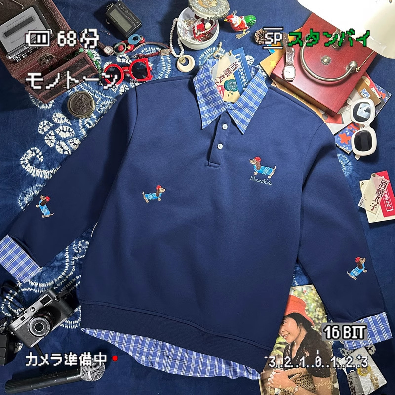 アメリカの子犬の刺繍poloは格子縞の襟の衛衣の春秋の金の怠惰な学院の風の偽の2つのカップルのコートをつなぎます。|undefined