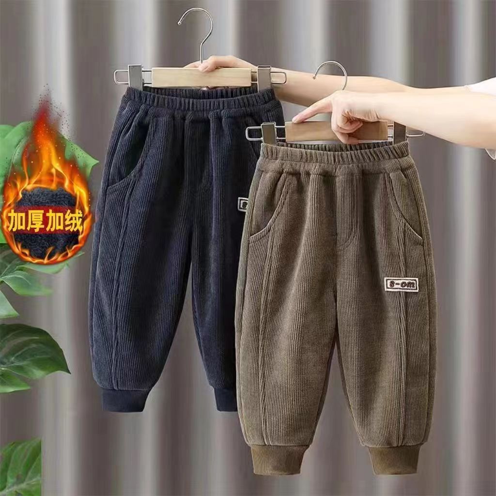 绿色伴侣灯芯绒长裤男童加绒裤子秋冬款2025新款加厚儿童宝宝条绒