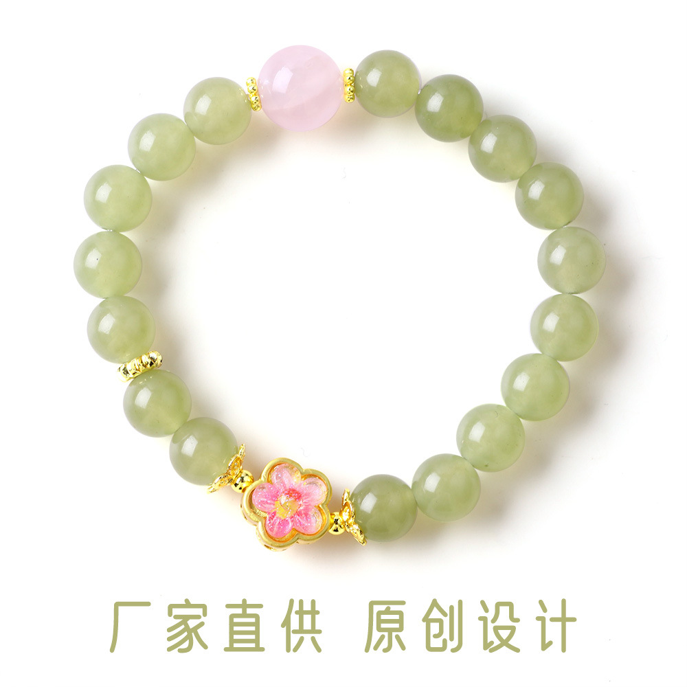 Cuentas de cristal de jade verde 8mm un anillo de polvo de brazalete de cristal con pulsera de flores de melocotón suave brillante regalo de amiga