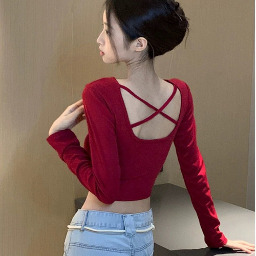 Early autumn pure lust style backless inner long-sleeved T-shirt women's tight-fitting short navel-baring chic sweet and spicy design trendy top