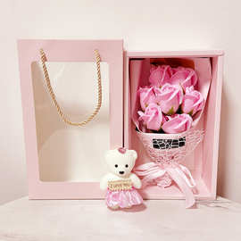 跨境热销女神节礼物小熊7朵手提香皂玫瑰花束礼盒母亲节创意礼品