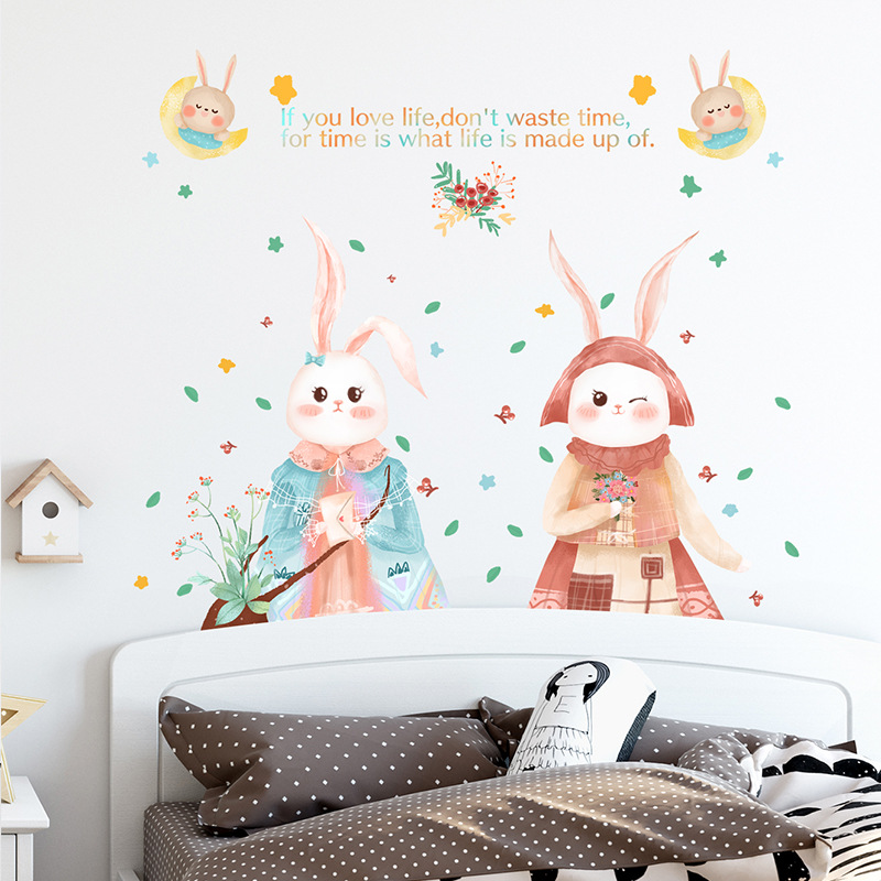 New Cartoon Cute Two Little Rabbits Children's Room Decoration Wall Stickers Wholesale Nihaojewelry display picture 2