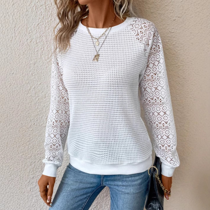Cross-border foreign trade manufacturers Europe and the United States 2025 new solid color lace long sleeve hollow round neck casual women's T-shirt jacket Cross-border foreign trade manufacturers Europe and the United States 2025 new solid color lace long sleeve hollow round neck casual women's T-shirt jacket