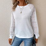 跨境外贸厂家欧美2025新款纯色蕾丝长袖镂空圆领休闲女T恤上衣