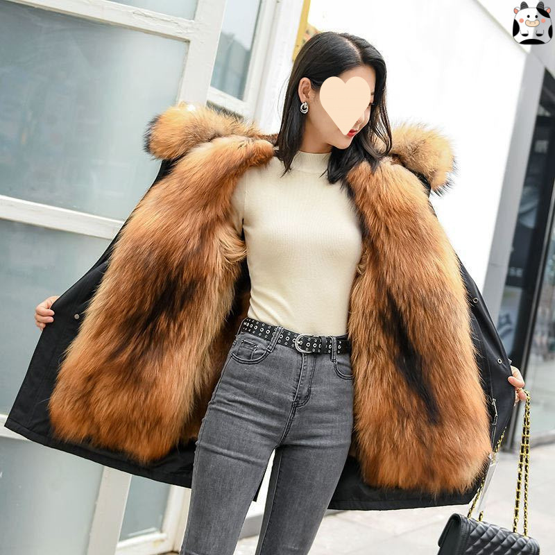 Winter New Parka Women's Mid-Length Raccoon Fur Detachable Liner Leather Coat Women's Winter Outwear Thickeneded