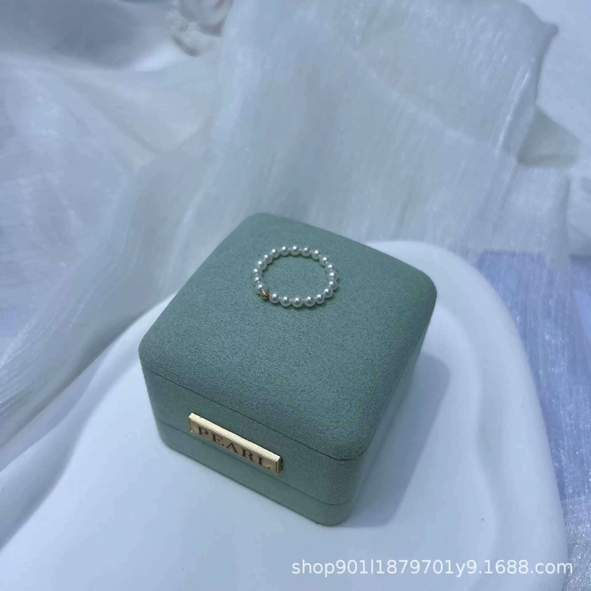 天然珍珠18k金弹力绳金球戒指3-4mm正圆强光指环女淡水白珍珠