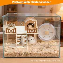 跨境带保护栏的仓鼠平台,高架木架用于食品碗/车轮,带有爬梯