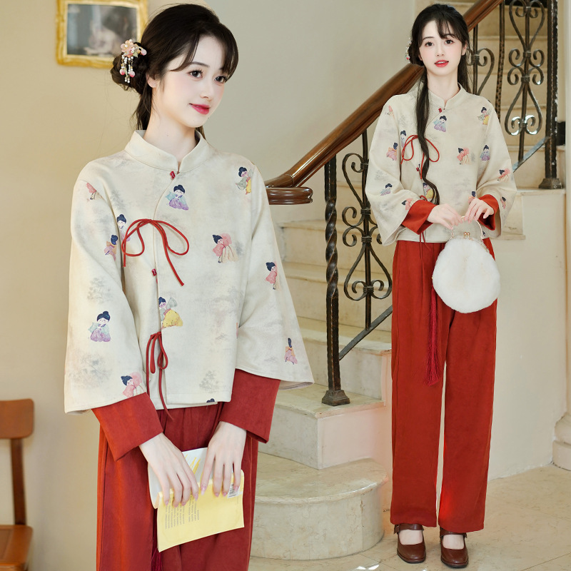 实拍新中式国风清秋阳襟系带盘扣印花汉服长袖上衣改良裤子两件套