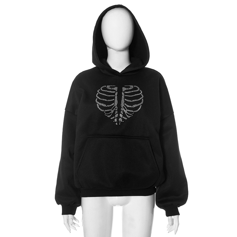 Trendy Skeleton Rhinestone Loose Hooded Sweatshirt Top Women Autumn Winter