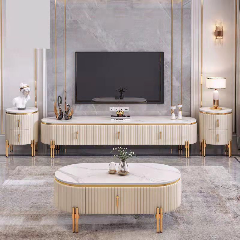 Modern Minimalist Small Apartment Living Room Floor Cabinet Low Cabinet Light Luxury Tv Cabinet Coffee Table Combination Set with Rock Slab Countertop
