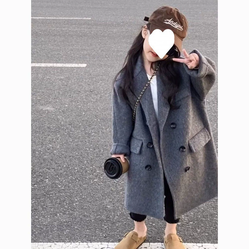 Шерстяное пальто для девочки, детская одежда в корейском стиле, новинка осени-зимы 2024, стильное и утолщенное, двустороннее.