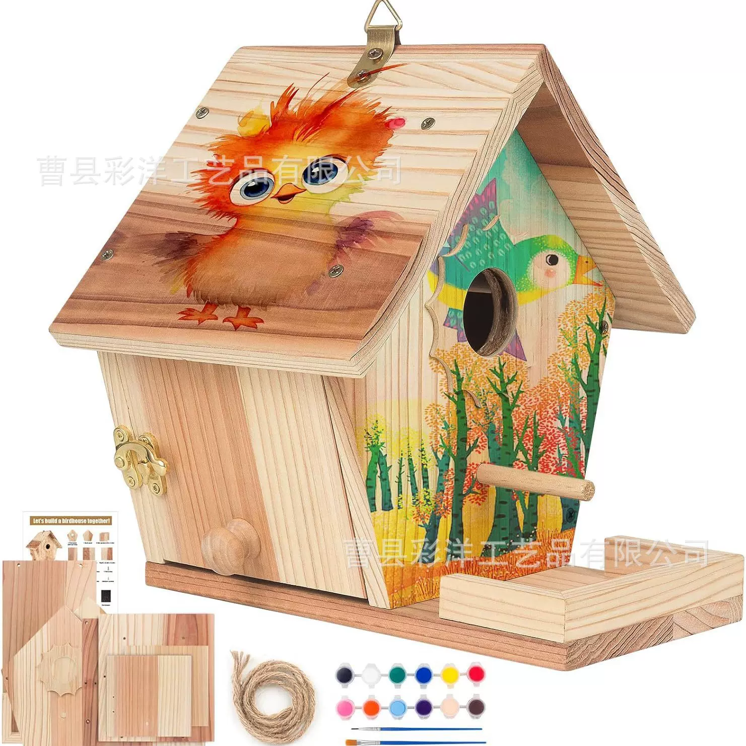 鸟窝悬挂式鹦鹉木质鸟笼庭院装饰挂件DIY鸟房子手绘实木喂鸟器