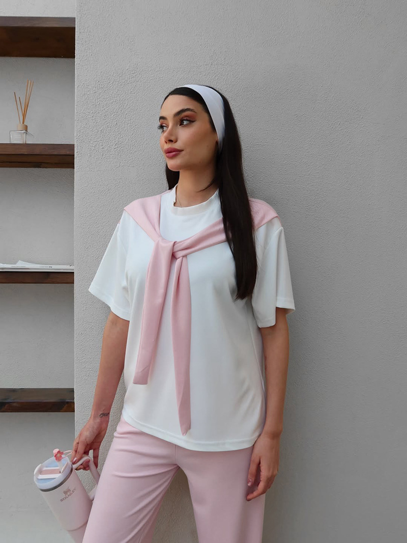 Women's Clothing Women's Faux Wrap Short Sleeve Top And Straight Leg Pants Set Patchwork White Round Neck Summer Fashion Casual Outfit_ecoleips.com