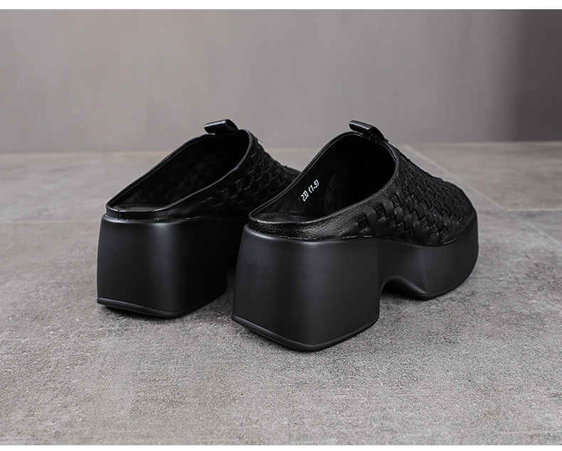 Sandal nữ da bò thật đế xuồng cao gót mũi hở kiểu dệt — màu nâu chi tiết 12