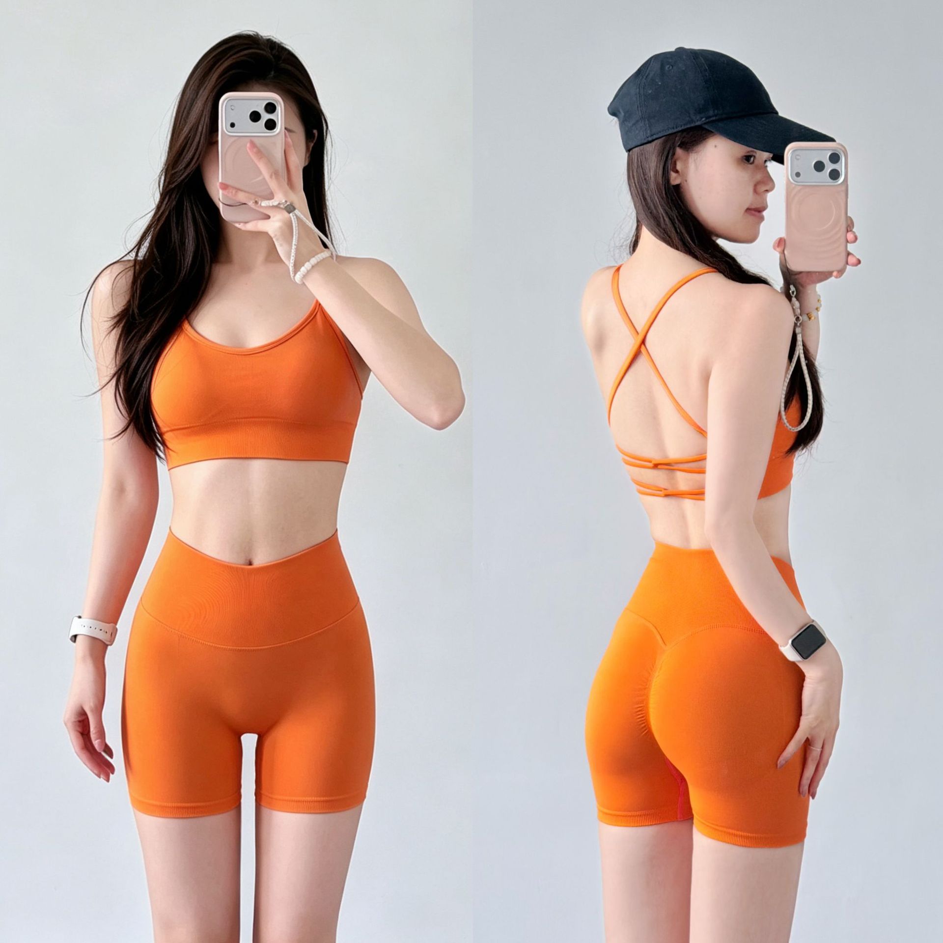 European and American butt-lifting sports shorts set, cross-back sports bra, seamless yoga set for women for running and training