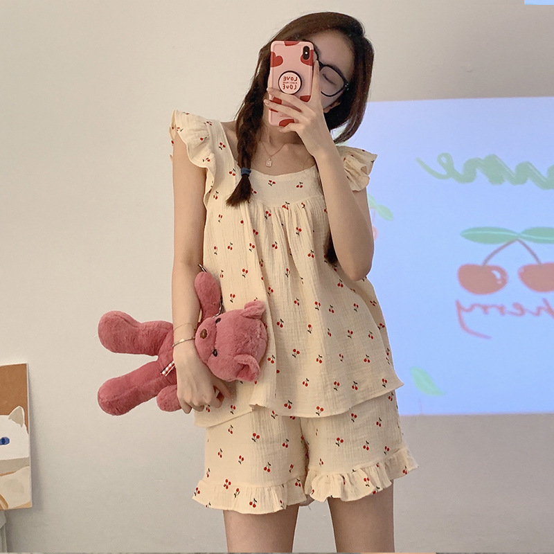 睡衣女夏季2024年韩版新款小飞袖甜美可爱少女家居服两件套装