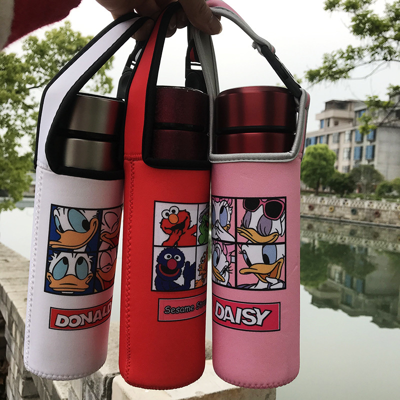 卡通可爱水杯套潜水料弹性保护套斜跨背带保温手提袋加厚批发印字