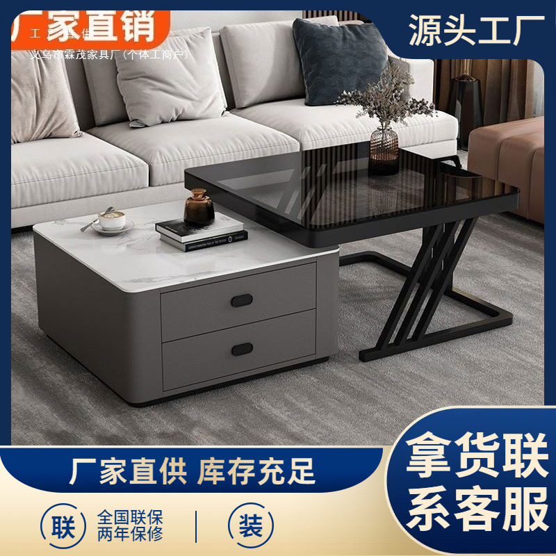 【New Model in Promotion】Light Luxury Coffee Table for Living Room, Glass and Stone Top, Trendy Table, Modern Minimalist Square Design 【New Model in Promotion】Light Luxury Coffee Table for Living Room, Glass and Stone Top, Trendy Table, Modern Minimalist Square Design