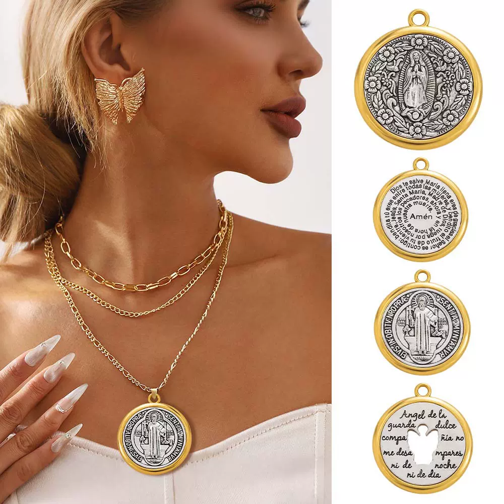 宗教饰品跨境圆形圣本笃吊坠合金diy项链钥匙扣配件首饰