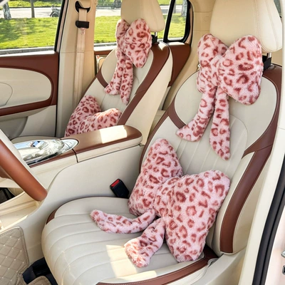 2026 New Car Accessories Rabbit Fur Leopard Print Ribbon Headrest and Lumbar Support Green Headrest and Lumbar Support